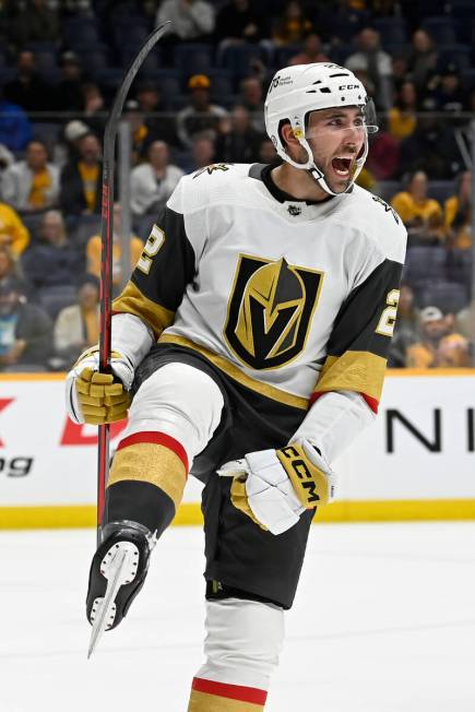 Vegas Golden Knights right wing Michael Amadio celebrates after scoring a goal against the Nash ...