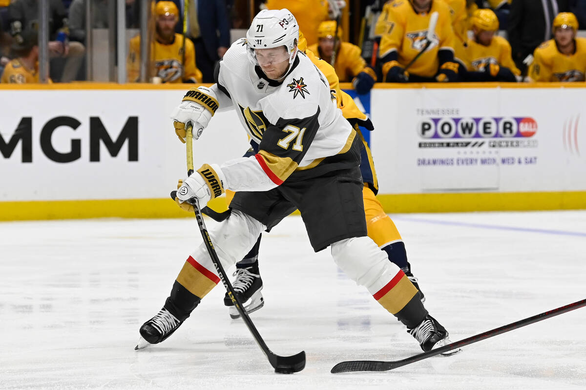 Vegas Golden Knights center William Karlsson (71) shoots against the Nashville Predators during ...