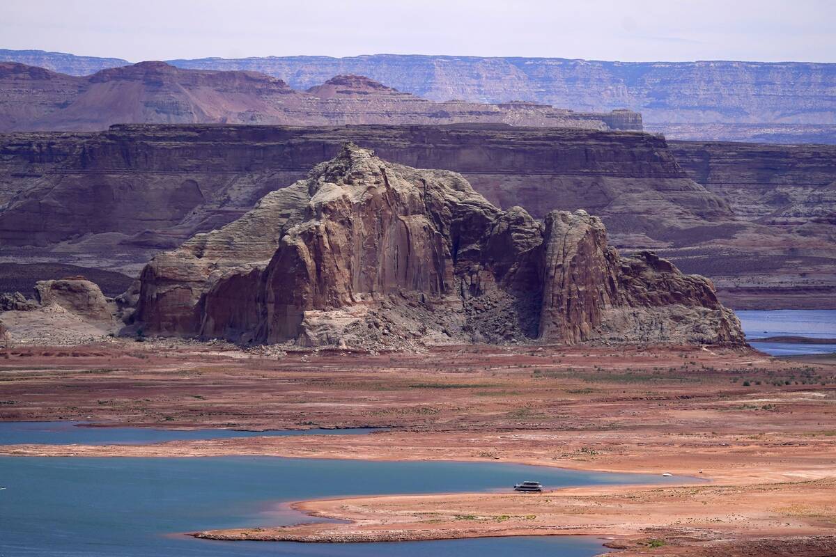 Low water levels at Wahweap Bay at Lake Powell along the Upper Colorado River Basin are shown, ...