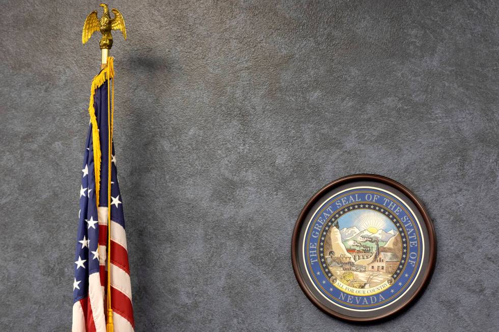 The Great Seal of the State of Nevada is seen during a meeting of the Assembly Committee on Gov ...