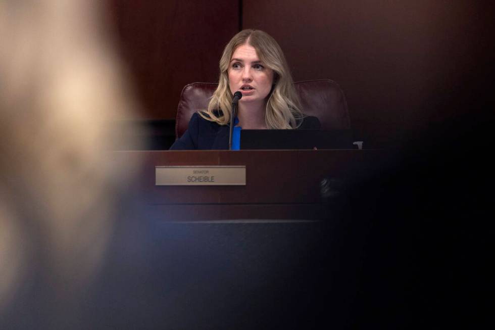 Sen. Melanie Scheible, D-Las Vegas, chairs a meeting of the Senate Committee on Judiciary durin ...