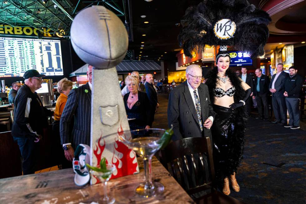 Oscar Goodman, former Las Vegas mayor, arrives to make his annual Super Bowl wager, accompanied ...