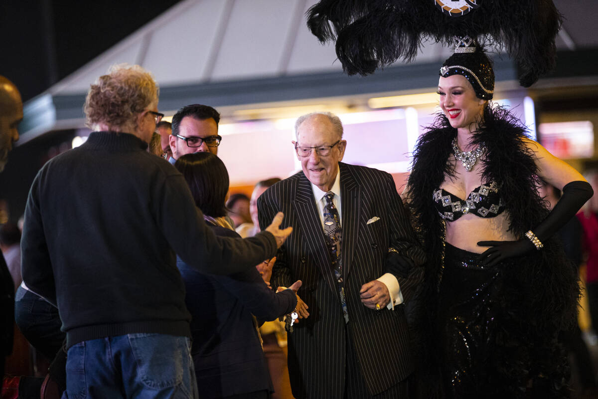 Oscar Goodman, former Las Vegas mayor, arrives to make his annual Super Bowl wager, accompanied ...