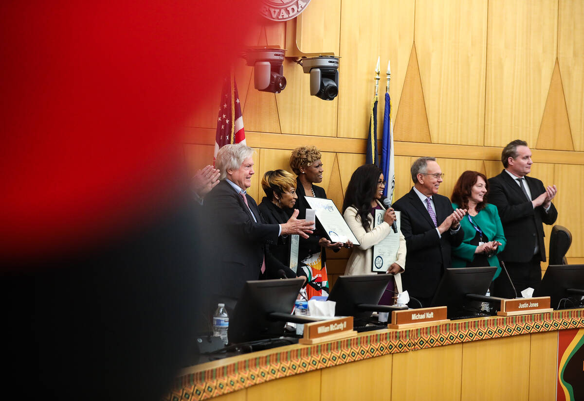 Michelle Maese, president of the SEIU Local 1107, addresses the crowd after being given recogni ...