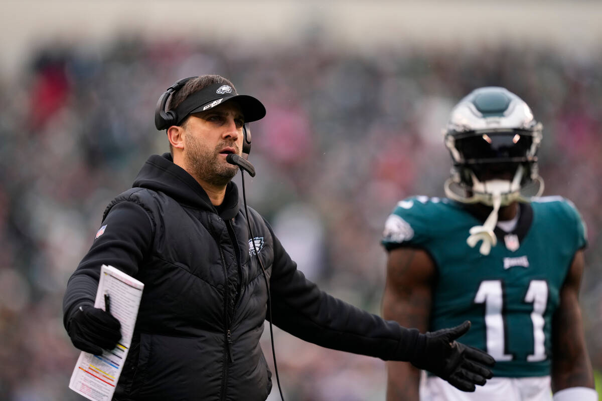 Philadelphia Eagles' Nick Sirianni reacts during the NFC Championship NFL football game between ...