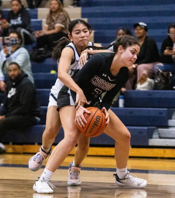 Faith Lutheran's Gabby Libonati (3) protects the ball as Shadow Ridge's Jasmine Mata (2) defen ...