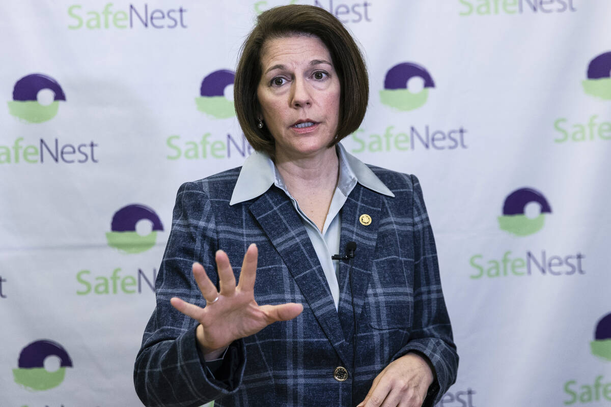 U.S. Senator Catherine Cortez Masto addresses the media on Friday, Jan. 28, 2022, after joining ...