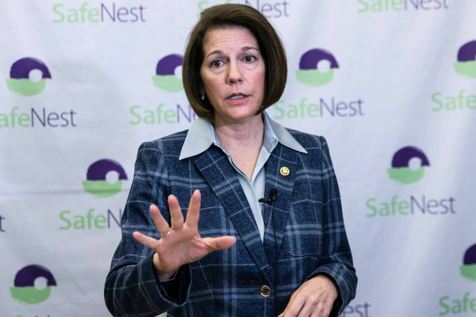 U.S. Senator Catherine Cortez Masto addresses the media on Friday, Jan. 28, 2022, after joining ...