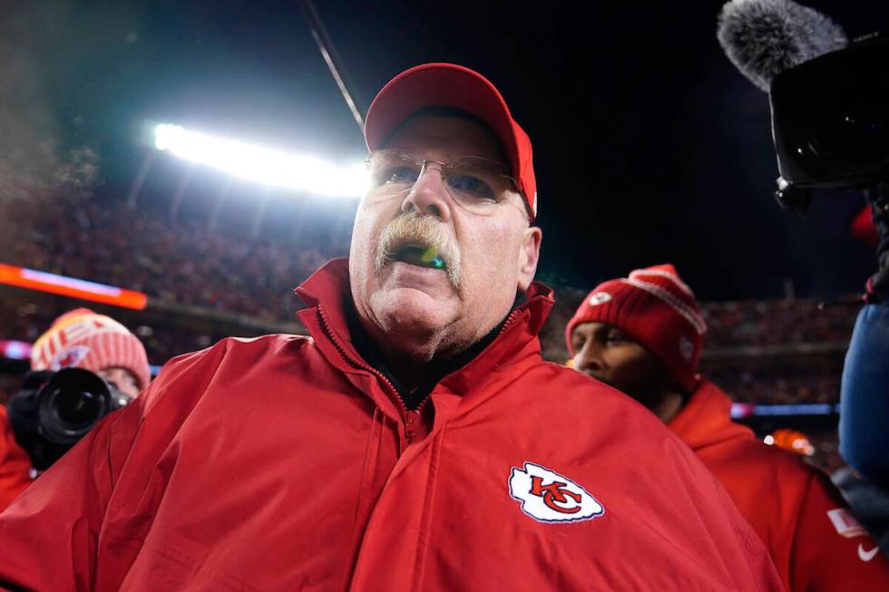 Kansas City Chiefs head coach Andy Reid walks off the field after the NFL AFC Championship play ...