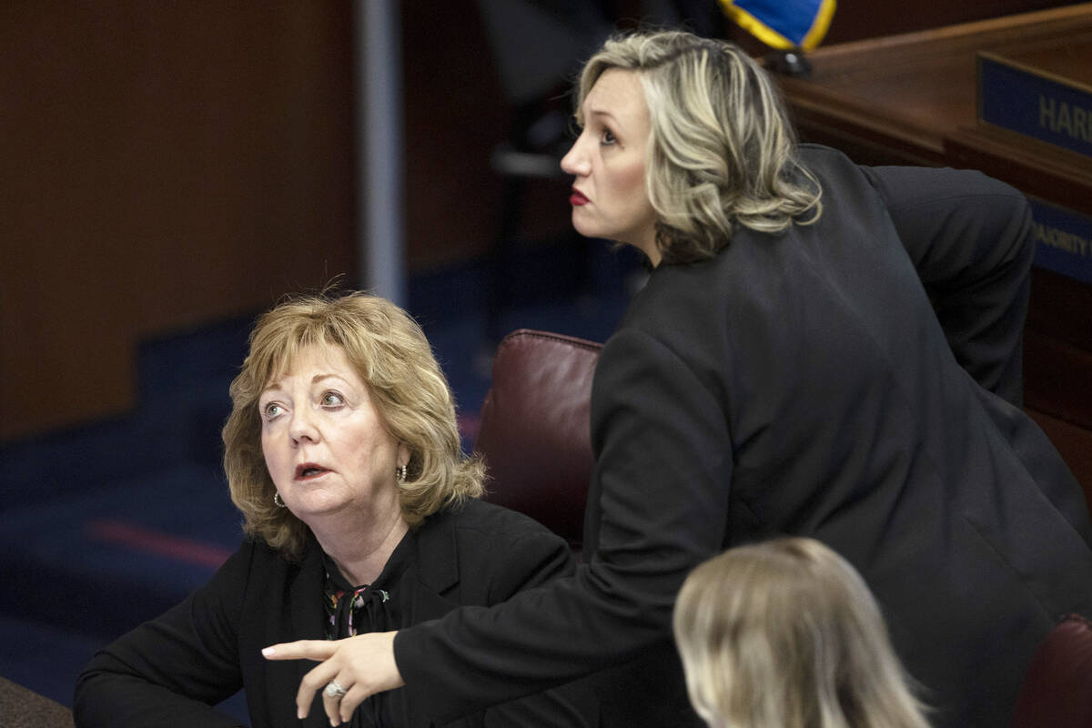 Sen. Nicole Cannizzaro, D-Las Vegas, pauses Sen. Marilyn Dondero Loop, D-Las Vegas, for a reces ...