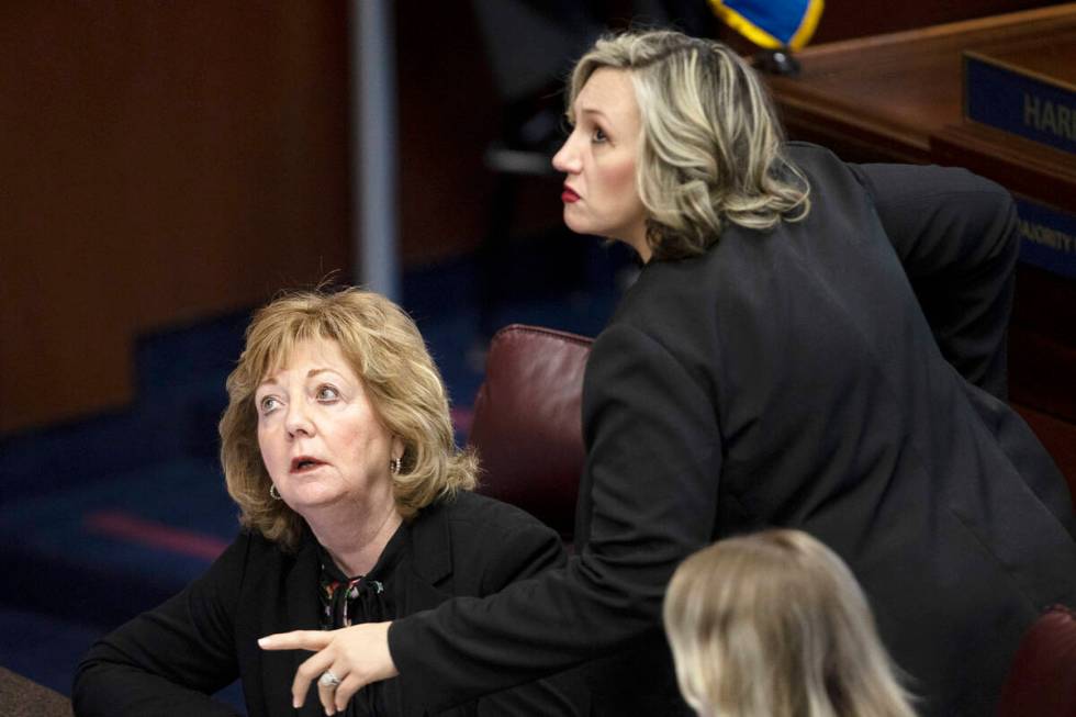 Sen. Nicole Cannizzaro, D-Las Vegas, pauses Sen. Marilyn Dondero Loop, D-Las Vegas, for a reces ...