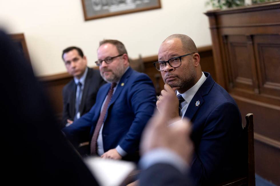 Nevada Secretary of State Cisco Aguilar, Treasurer Zach Conine and Attorney General Aaron Ford ...