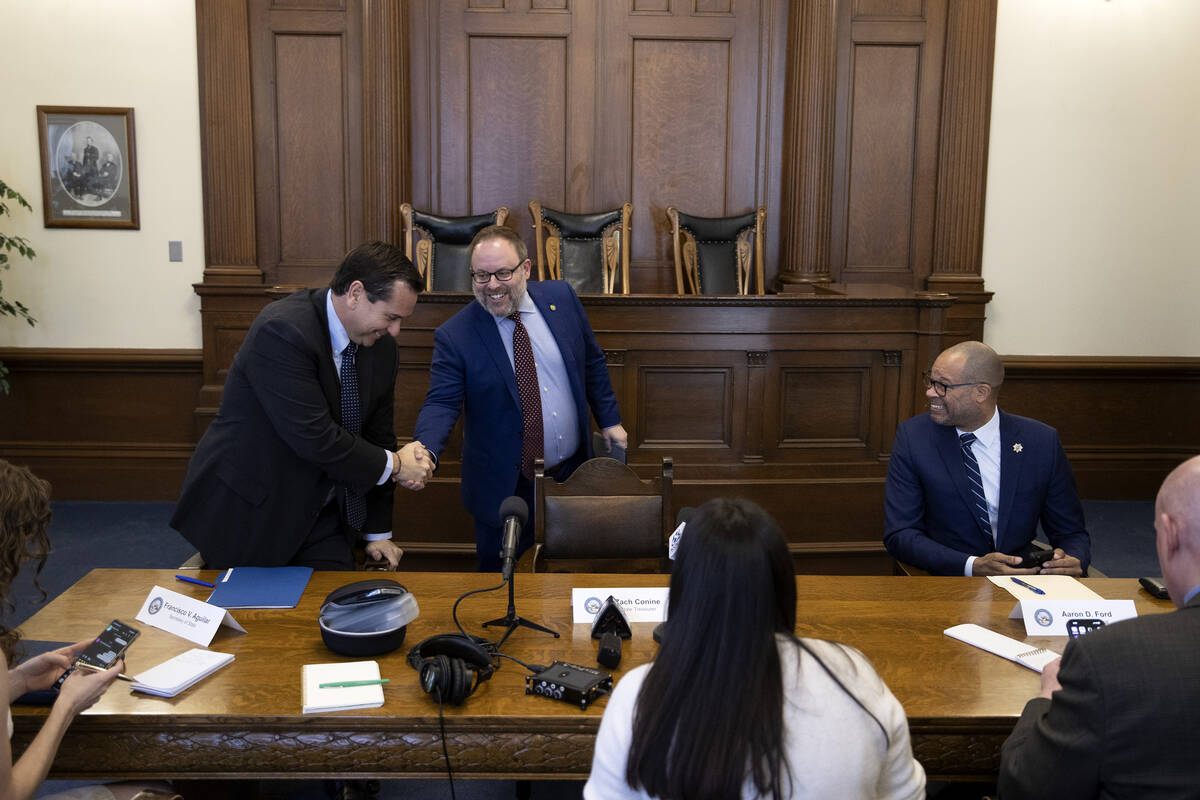 Nevada Secretary of State Cisco Aguilar, Treasurer Zach Conine and Attorney General Aaron Ford ...