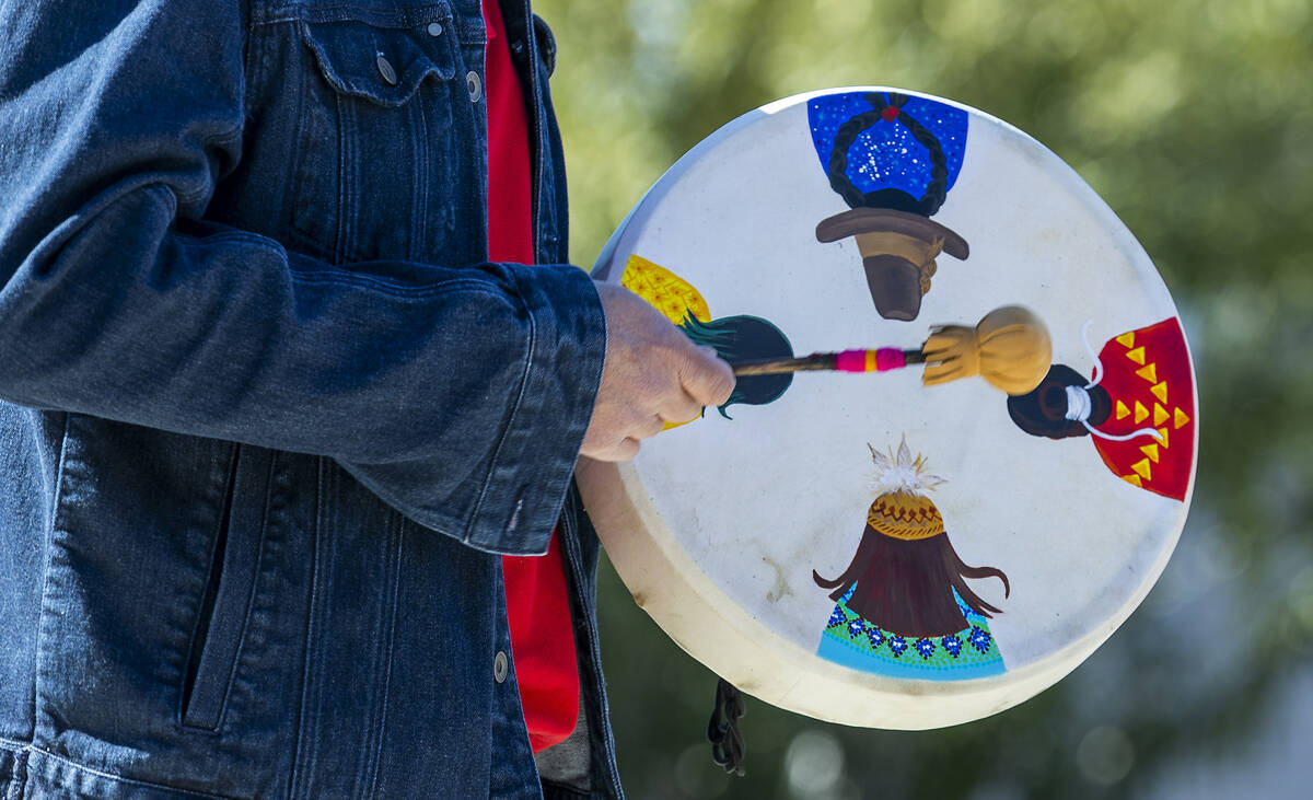 A drum song is performed as members of the Native community and allies gather in solidarity as ...