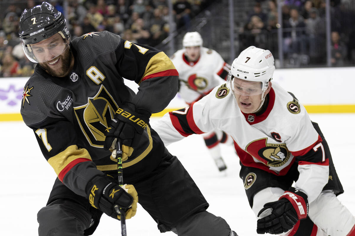 Golden Knights defenseman Alex Pietrangelo (7) skates against Senators left wing Brady Tkachuk ...