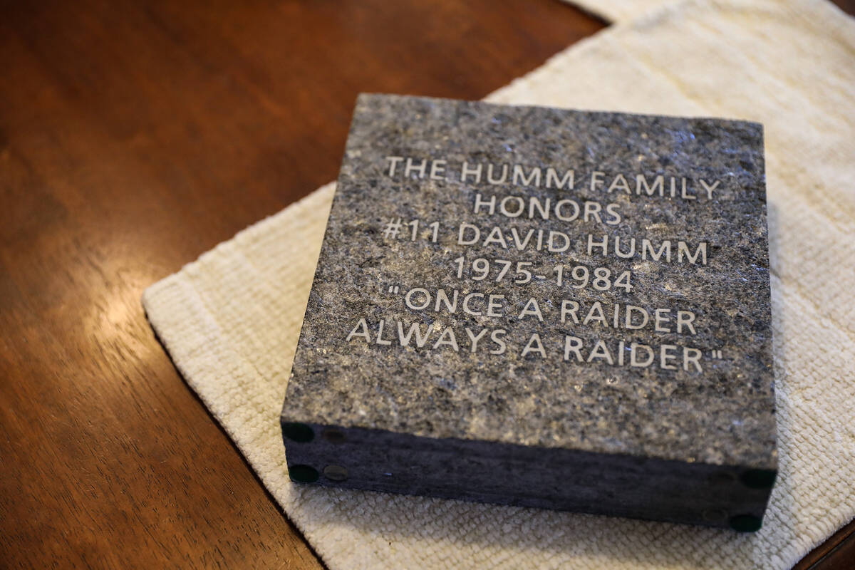 A replica of the stone plaque that is also at Allegiant Stadium to honor David Humm, the former ...