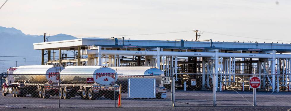 Tankers are parked outside of a fueling complex off of North Sloan Lane on Friday, Feb. 10, 202 ...