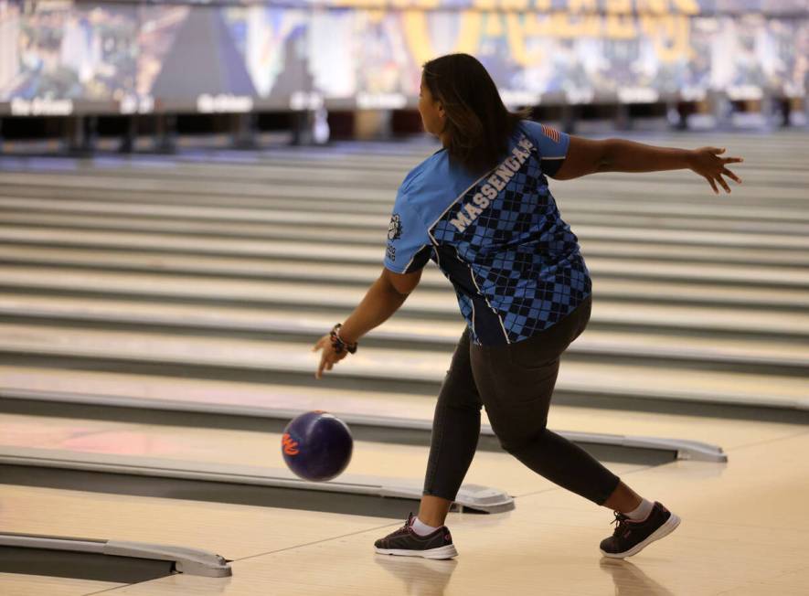 Centennial bowler Tasia Massengale rolls during the Class 5A Nevada state bowling team champion ...