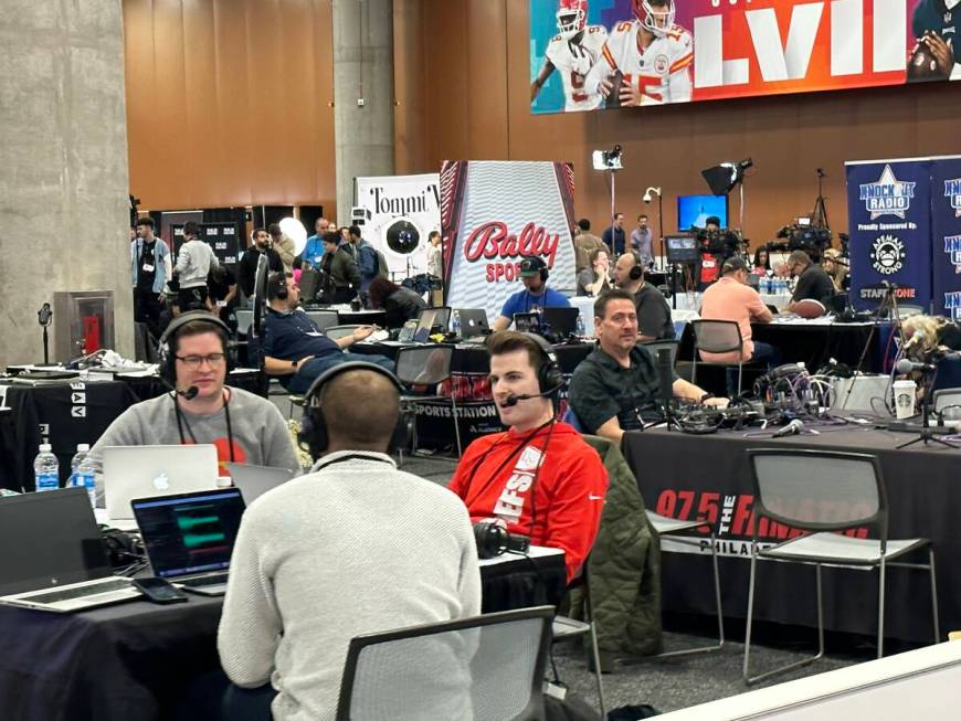 Radio row inside the Phoenix Convention Center during Super Bowl LVII week. (Mick Akers/Las Veg ...