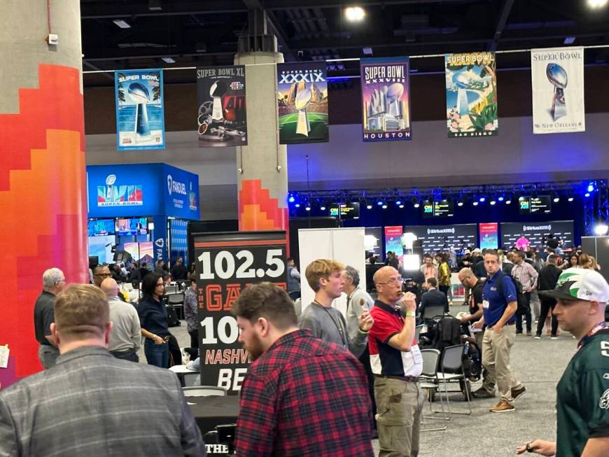 Radio row inside the Phoenix Convention Center during Super Bowl LVII week. (Mick Akers/Las Veg ...