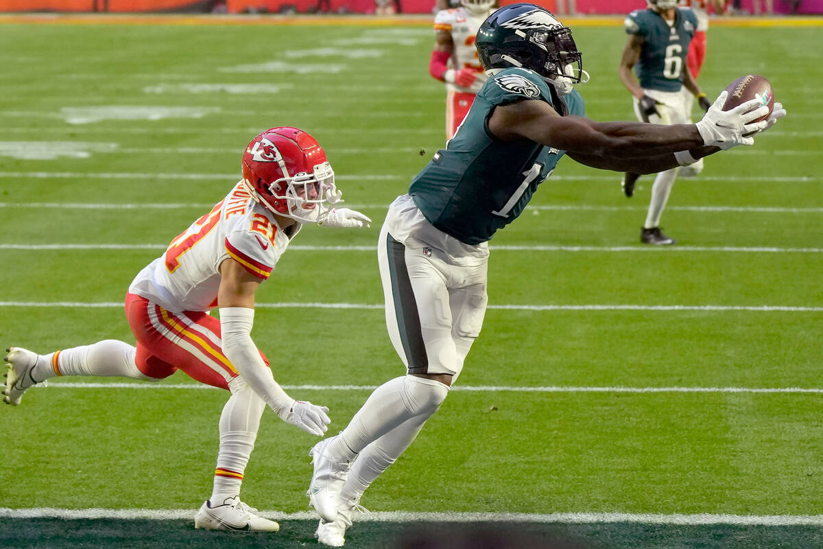 Philadelphia Eagles wide receiver A.J. Brown (11) makes the touchdown catch against Kansas City ...