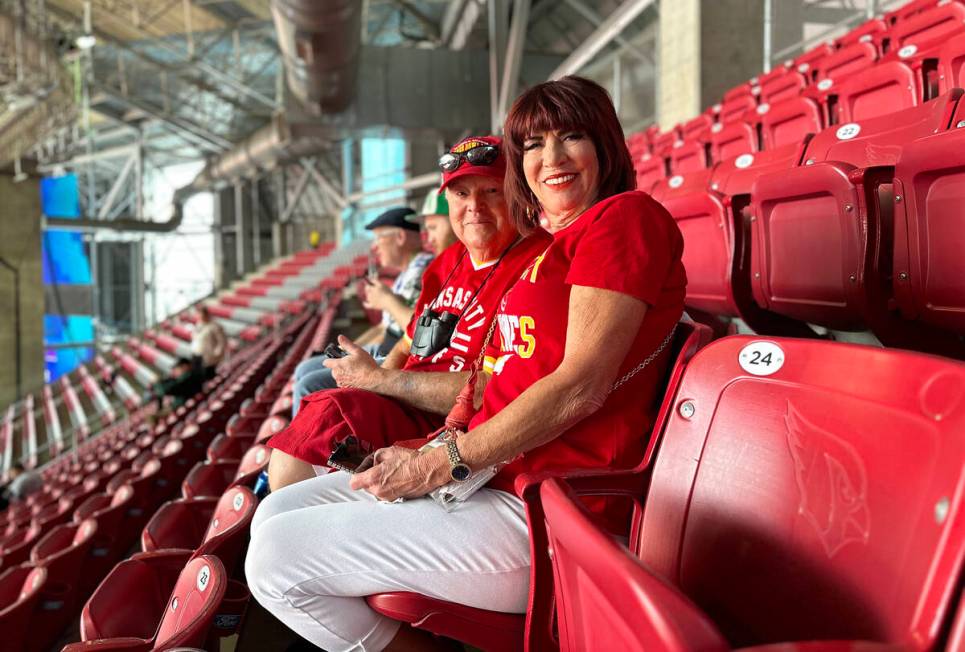 Cindy and Woody Moses at State Farm Stadium in Glendale, Arizona Sunday Feb. 12, 2023, ahead of ...