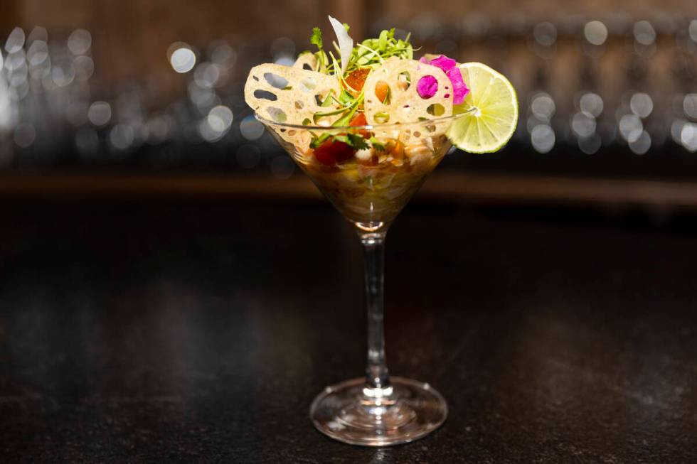 A mixed seafood ceviche is seen served at Maxan Jazz in Las Vegas, Saturday, Feb. 11, 2023. (Er ...