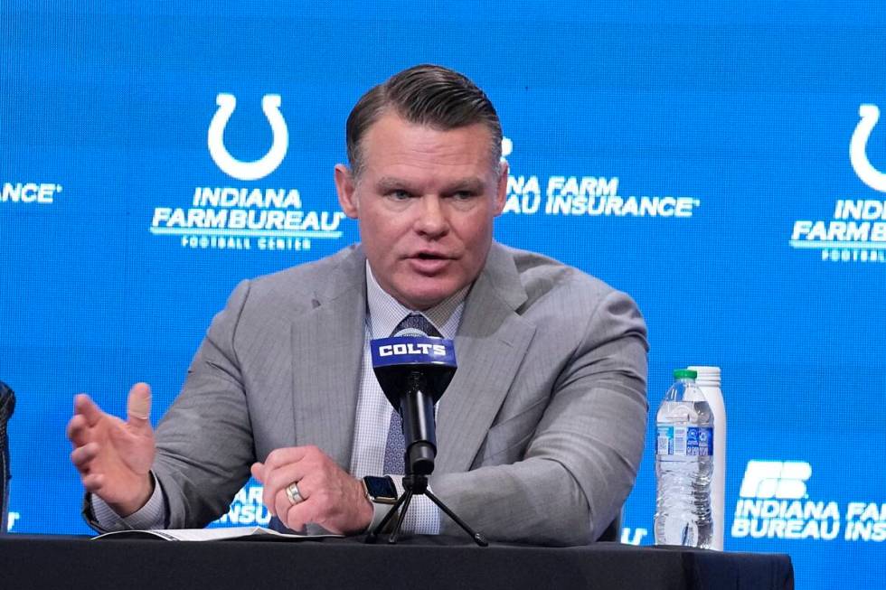 Indianapolis Colts General Manager Chris Ballard, speaks during a news conference, Tuesday, Feb ...