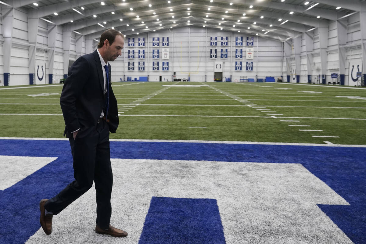 Shane Steichen walks to an interview following an NFL football news conference, Tuesday, Feb. 1 ...