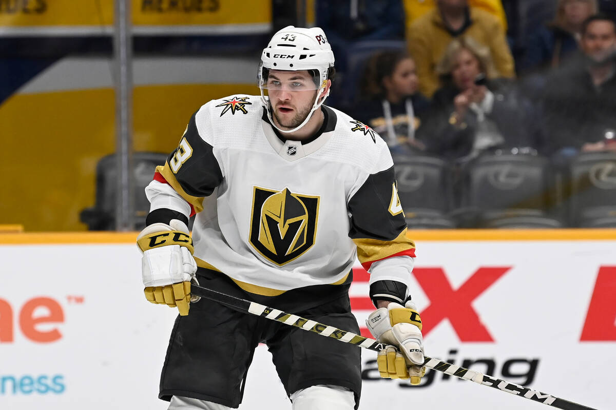 Vegas Golden Knights center Paul Cotter (43) plays against the Nashville Predators during the t ...