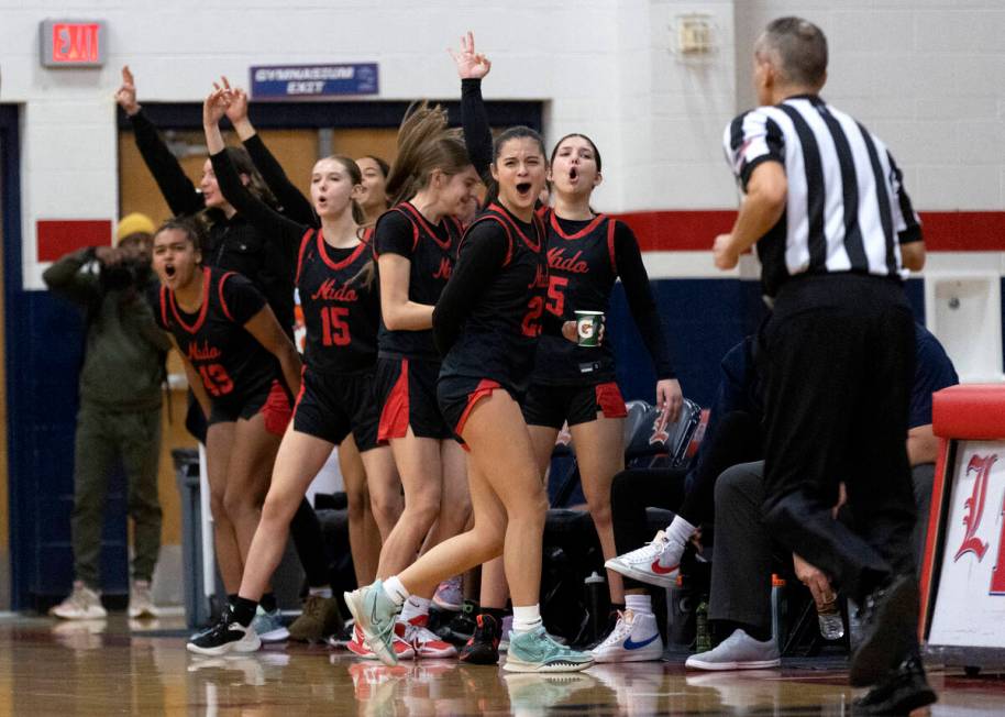 The Coronado bench celebrates after their Kaylee Walters scored a three-pointer during a Class ...
