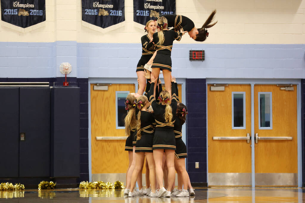 Cheerleaders performs during a girls class 5A southern region semifinal game between Faith Luth ...