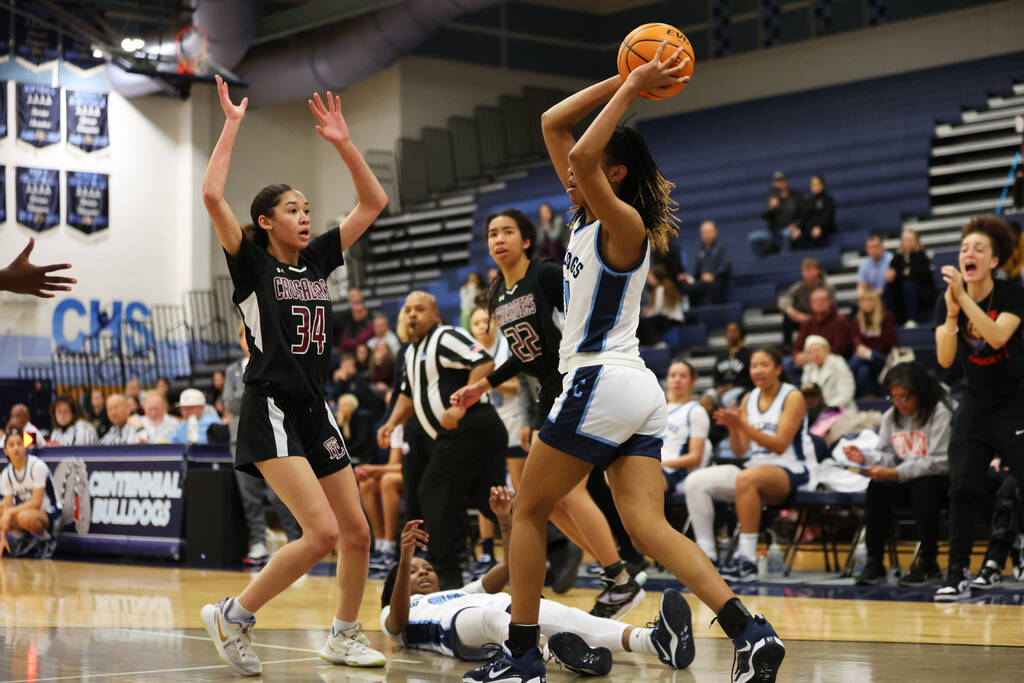 Centennial's Cici Ajomale (21) looks for an open pass under pressure from Faith Lutheran's Leah ...
