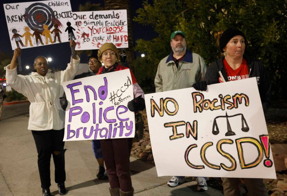 People protest outside the Clark County School District administrative office, Friday, Feb. 17, ...