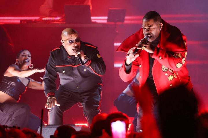 Spliff Star, left, and Busta Rhymes perform at the 65th Annual Grammy Awards at Crypto.com Aren ...