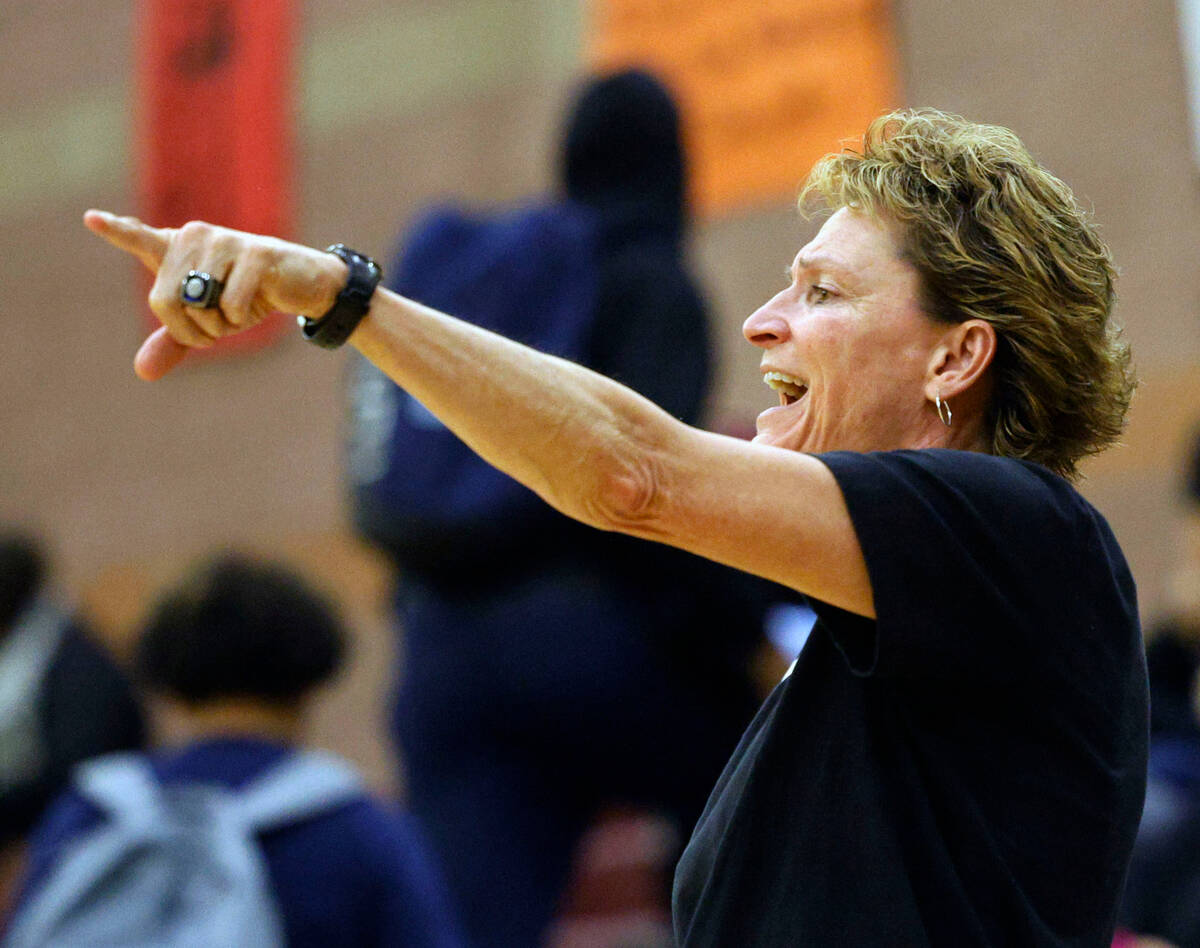 Centennial's head coach Karen Weitz gestures during the second half of a girls’ basketba ...