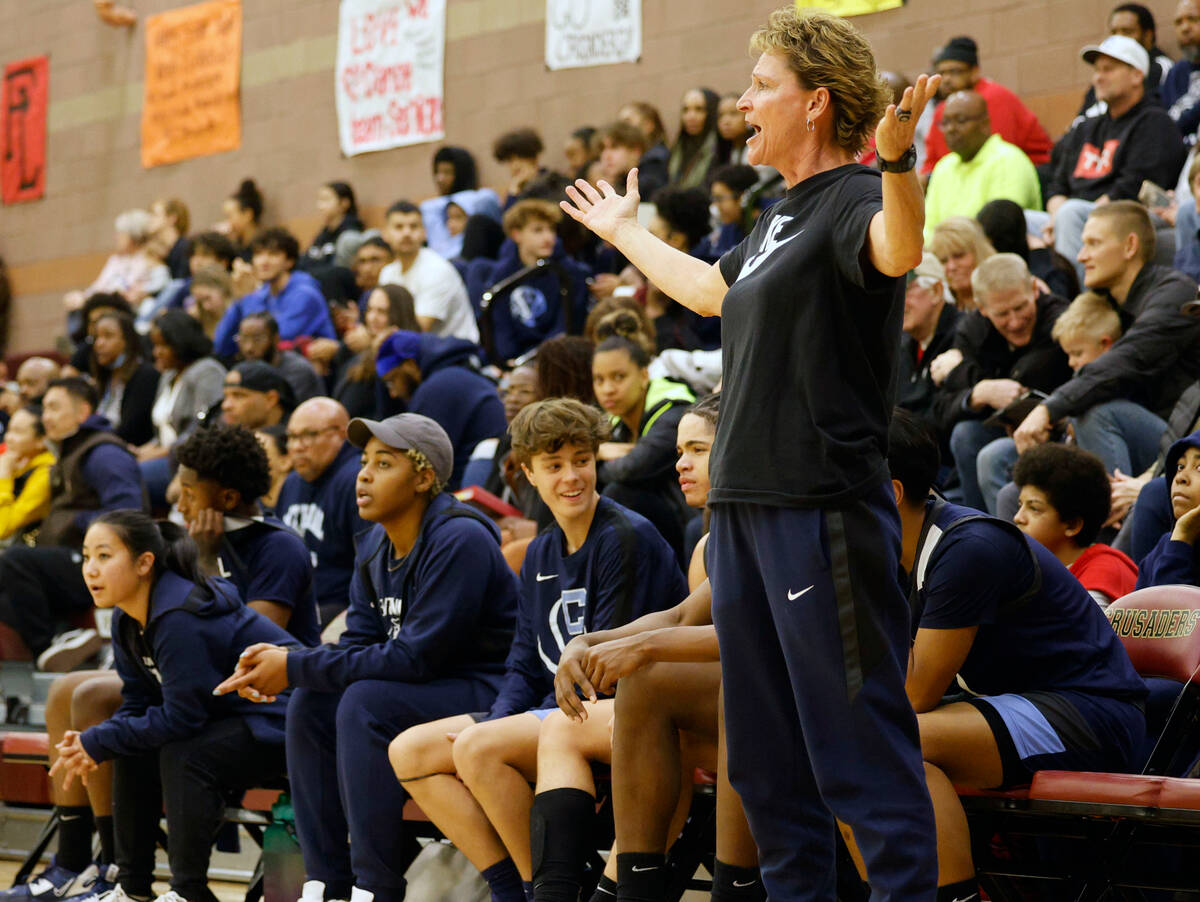 Centennial's head coach Karen Weitz reacts during the first half of a basketball game against F ...