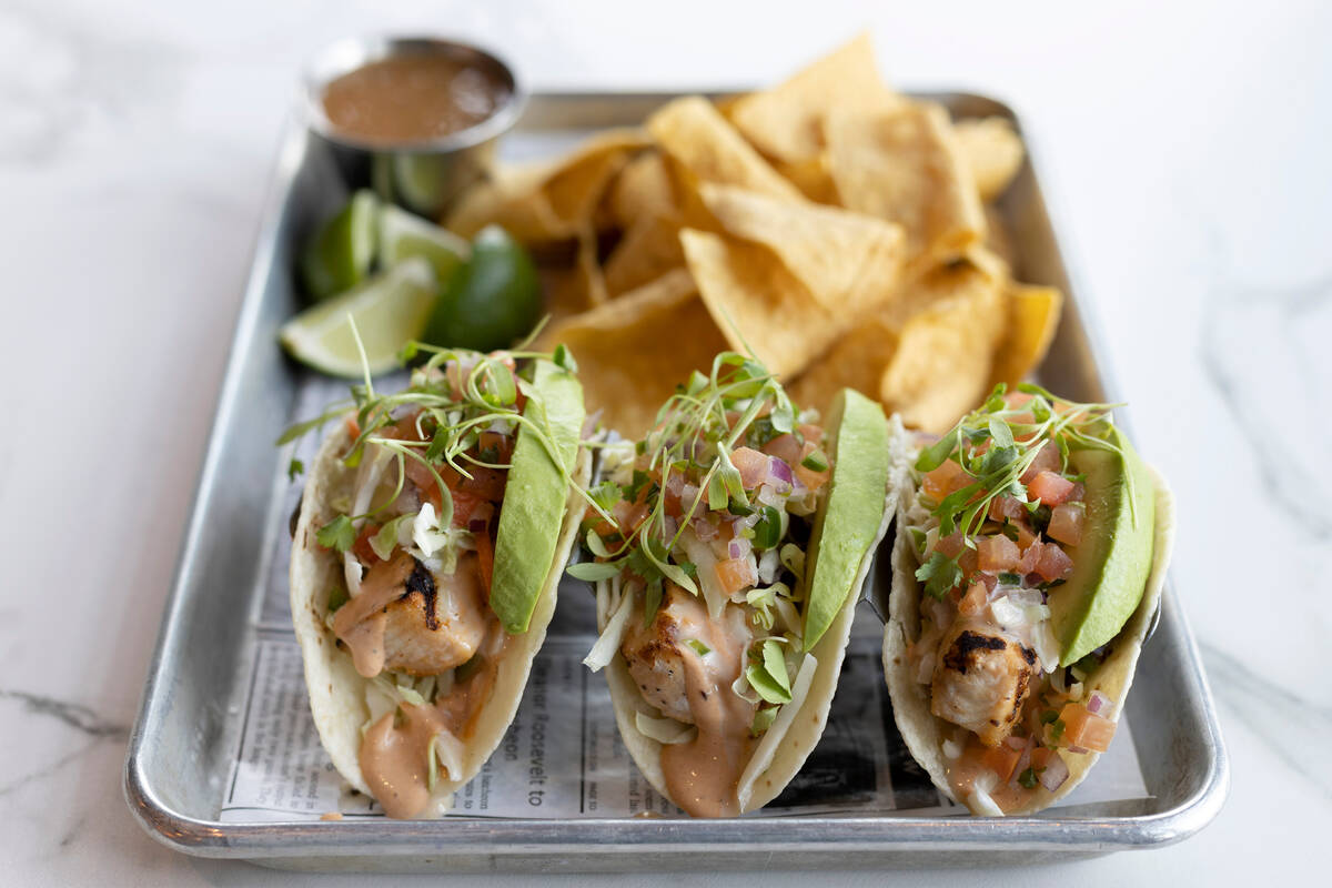 Tailgate Social’s grilled fish tacos at the restaurant in Palace Station on Friday, Feb. ...