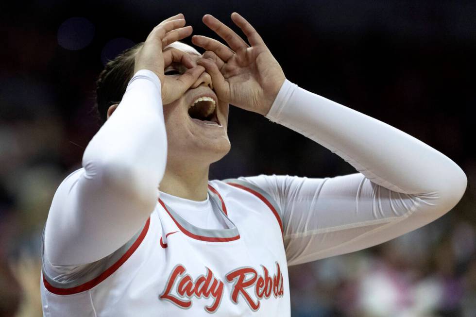 UNLV Lady Rebels center Erica Collins (31) celebrates after Lady Rebels guard Alyssa Durazo-Fre ...