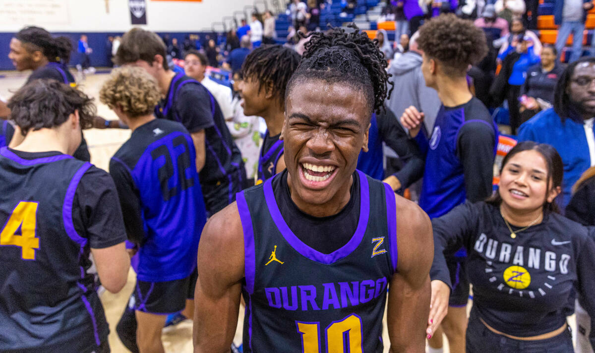 Durango's Tylen Riley (10) celebrates their win over Bishop Gorman following the second half of ...