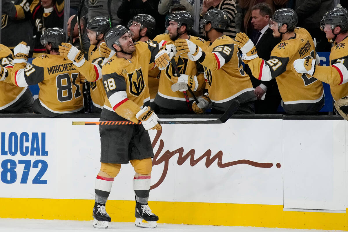 Vegas Golden Knights left wing William Carrier (28) celebrates after scoring against the San Jo ...