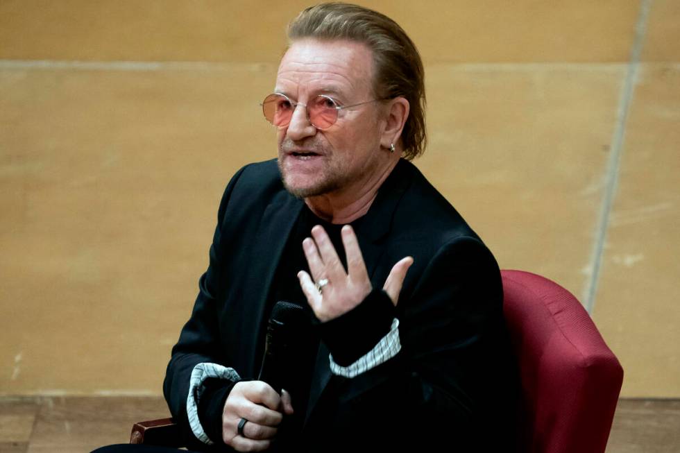 Bono speaks with Cathedral Canon historian Jon Meacham at the Washington National Cathedral on ...