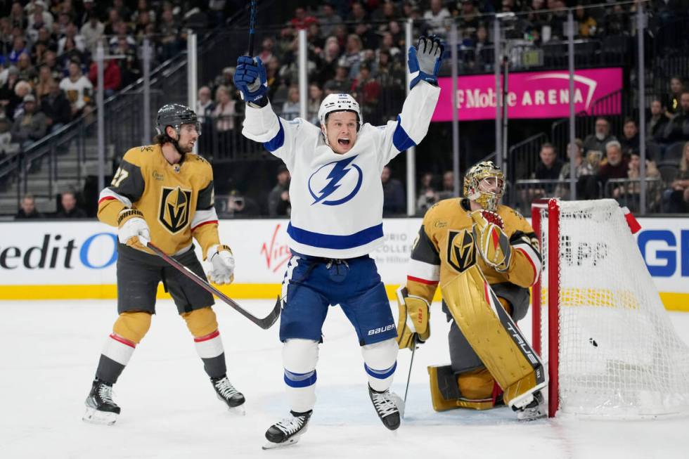 Tampa Bay Lightning center Vladislav Namestnikov (90) celebrates after scoring against Vegas Go ...