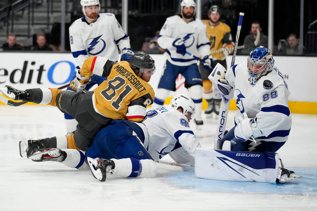 Tampa Bay Lightning goaltender Andrei Vasilevskiy (88) blocks a shot by Vegas Golden Knights ri ...