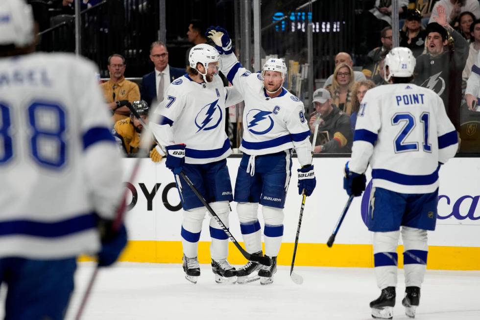 Tampa Bay Lightning center Steven Stamkos (91) celebrates after scoring against the Vegas Golde ...