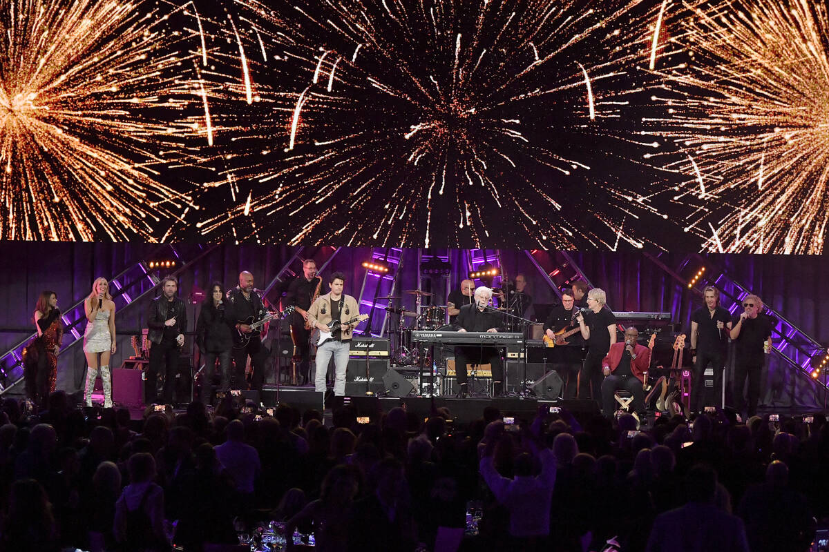 LAS VEGAS, NEVADA - FEBRUARY 18: (L-R) Paula Abdul, Nikki Glaser, Chad Kroeger, Alice Cooper, J ...