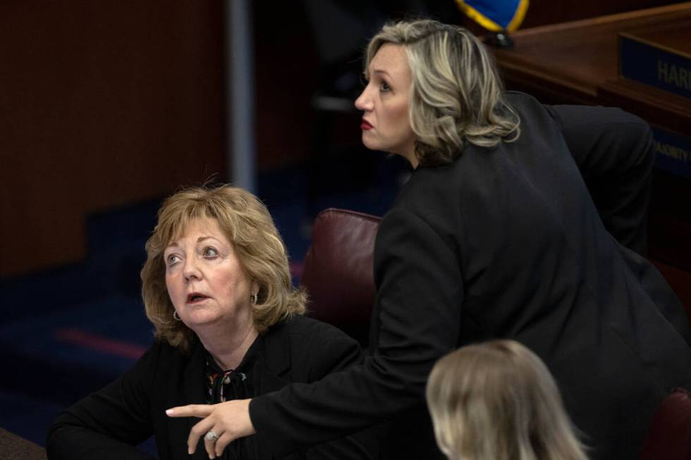 Sen. Nicole Cannizzaro, D-Las Vegas, pauses Sen. Marilyn Dondero Loop, D-Las Vegas, for a reces ...