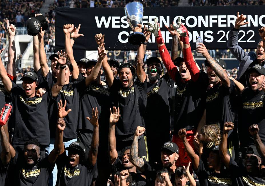 Los Angeles FC celebrates after a win over Austin FC in the MLS playoff Western Conference fina ...