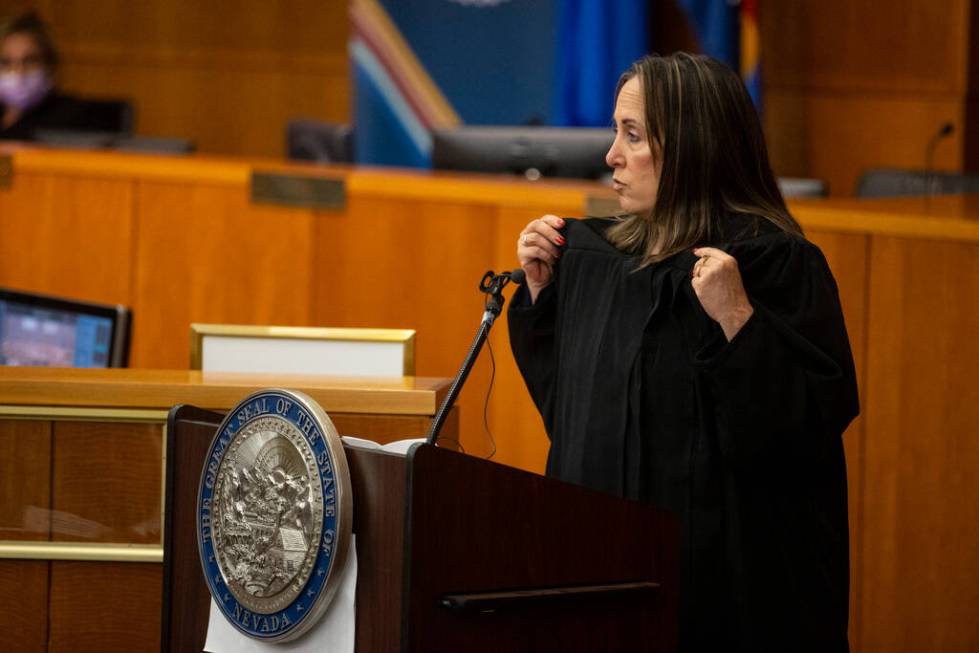 Judge Jessica Peterson gives a speech after being sworn in during the Eight Judicial District C ...