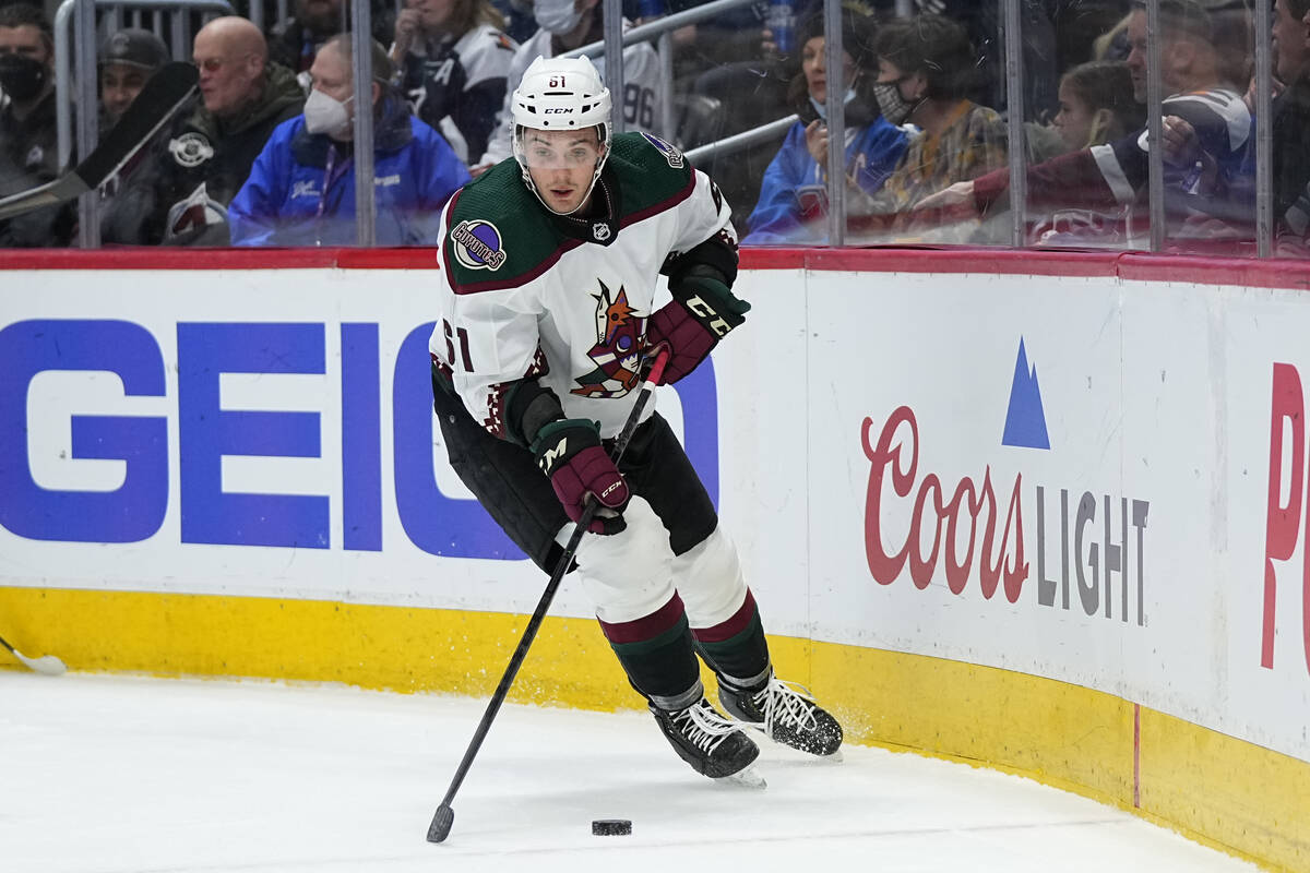 Arizona Coyotes defenseman Dysin Mayo (61) skates against the Colorado Avalanche during the fir ...